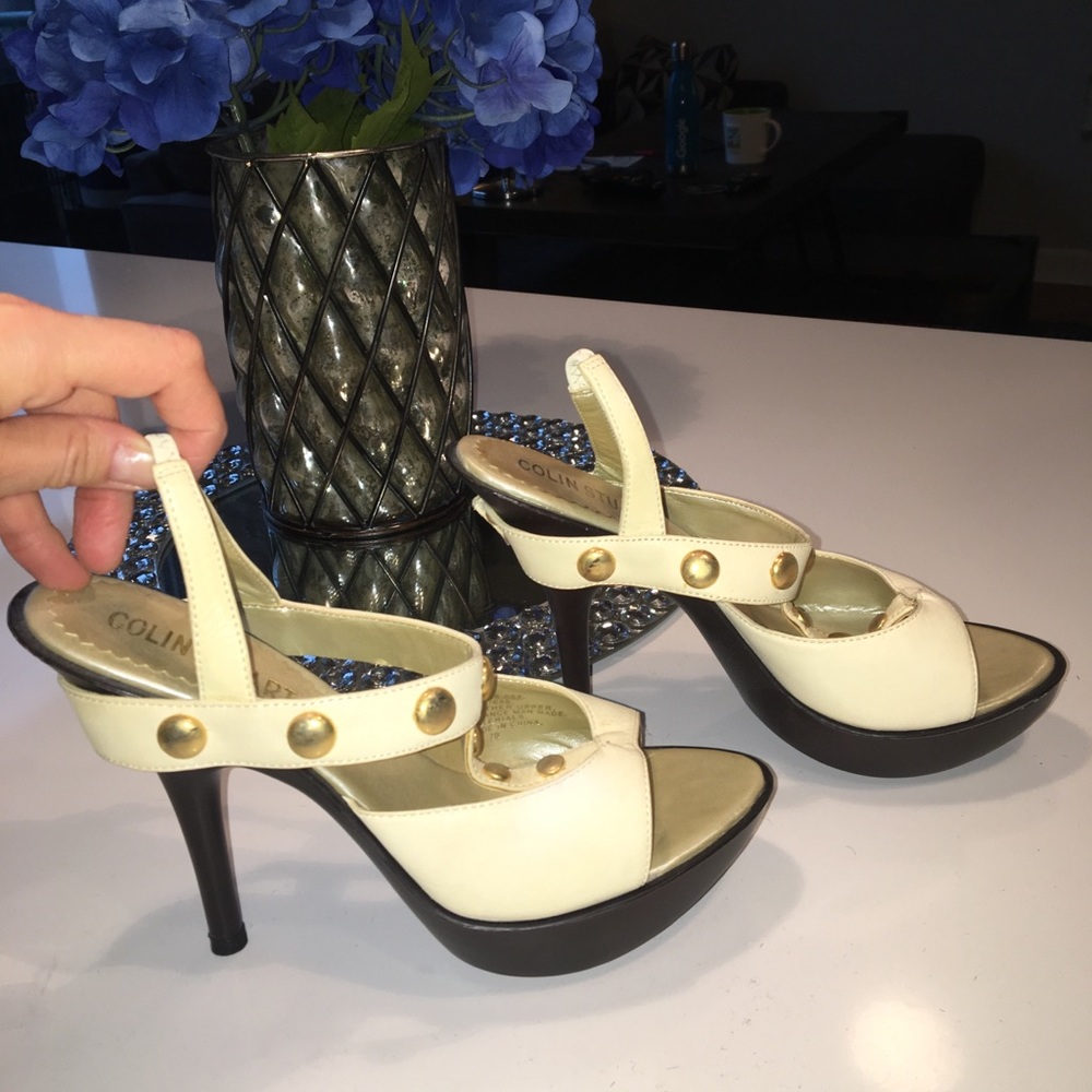 Cream and Gold Platform T Strap Sandals